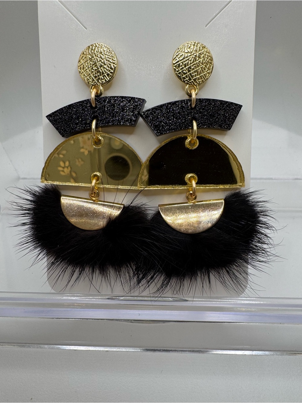 Taylor Shaye Pink & Multicolor Geometric Statement Earrings with Black Faux Fur